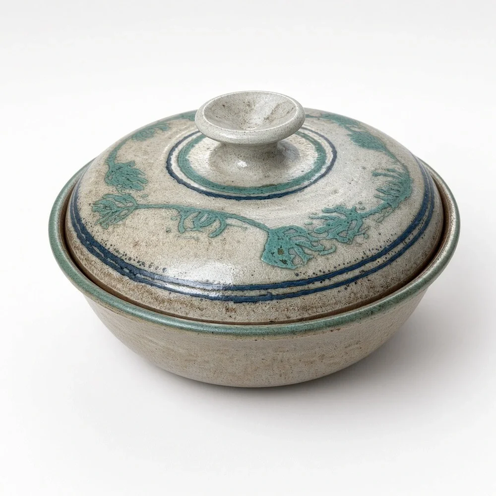 Marguerite Signed Studio Pottery Lidded Casserole Dish Teal Blue Floral 10